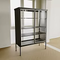 Modern Black Wine Cabinet With Glass Doors Metal Legs And Shelves In Bright Room