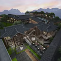 Traditional Chinese Homestay Architecture with Black Tile Roofs Mountain View and Outdoor Courtyard Seating
