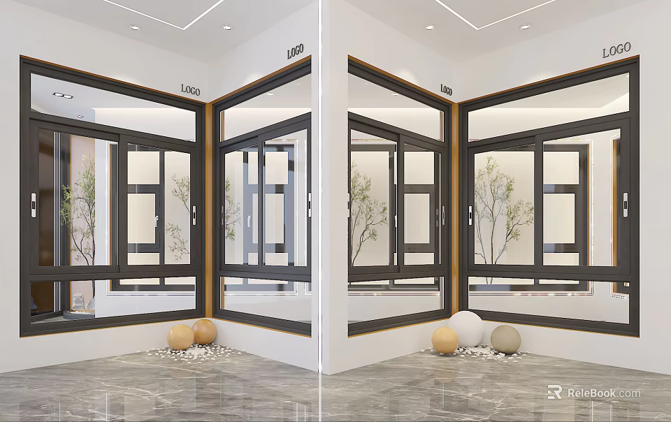 Modern Black Frame Windows In Bright Interior With Decorative Spheres And Plants 3d model 