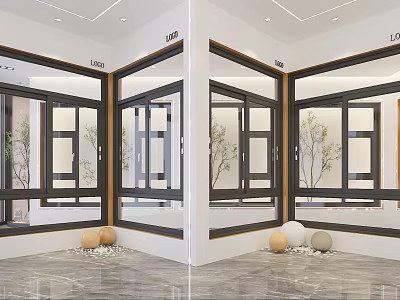 Modern Black Frame Windows In Bright Interior With Decorative Spheres And Plants 3d model