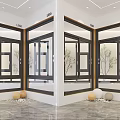 Modern Black Frame Windows In Bright Interior With Decorative Spheres And Plants