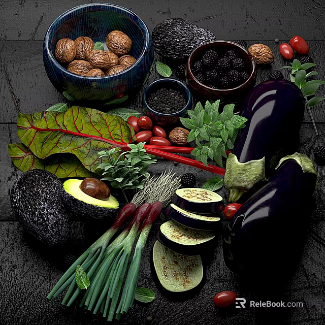 Fresh Assorted Vegetables with Sliced Eggplant Avocado Red Onions Tomatoes and Basil Leaves 3d model 