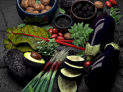 Fresh Assorted Vegetables with Sliced Eggplant Avocado Red Onions Tomatoes and Basil Leaves 3d model