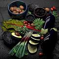 Fresh Assorted Vegetables with Sliced Eggplant Avocado Red Onions Tomatoes and Basil Leaves
