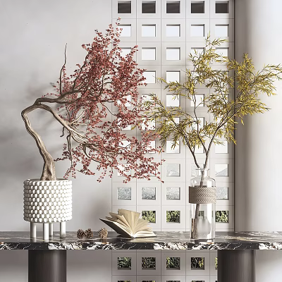 Bonsai Plant Featuring Red And Green Foliage In White Dotted Pot And Glass Vase 3d model