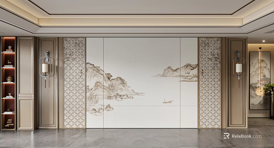 Traditional Chinese Sofa Background Wall With Landscape And Lattice Details 3d model 
