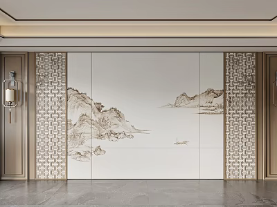 Traditional Chinese Sofa Background Wall With Landscape And Lattice Details 3d model