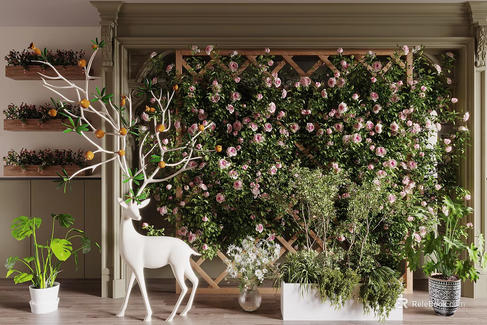 Blooming Climbing Roses and Green Plants on Trellis with White Deer Statue in Indoor Garden 3d model 