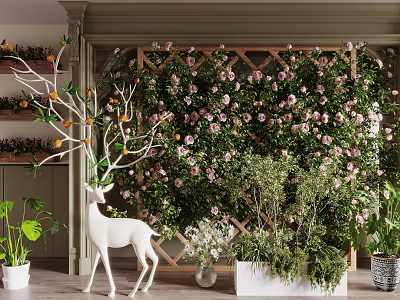 Blooming Climbing Roses and Green Plants on Trellis with White Deer Statue in Indoor Garden 3d model