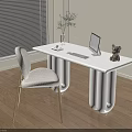 Modern White Desk with Curved Legs Computer Monitor Small Plant Decor Figurine and Accent Chair