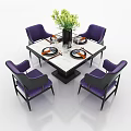 Modern Dining Table Set With Round Rectangular Tables Colorful Chairs Tableware And Green Plants 3d model