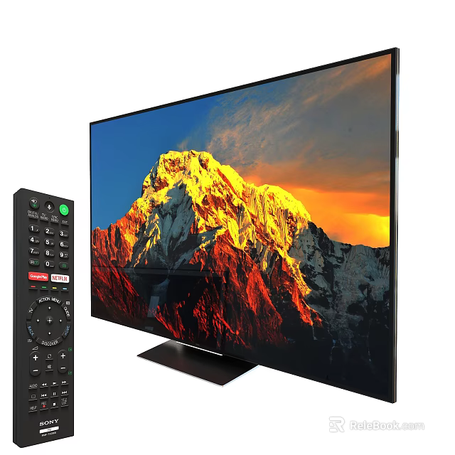 Flat Screen TV Displaying Mountain Scene With Remote Control 3d model 