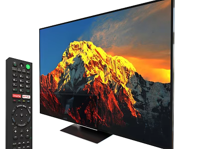 Flat Screen TV Displaying Mountain Scene With Remote Control 3d model