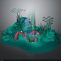 Underwater Scene With Pink Coral Green Seagrass Rocky Platforms Fish Schools And Light Beams