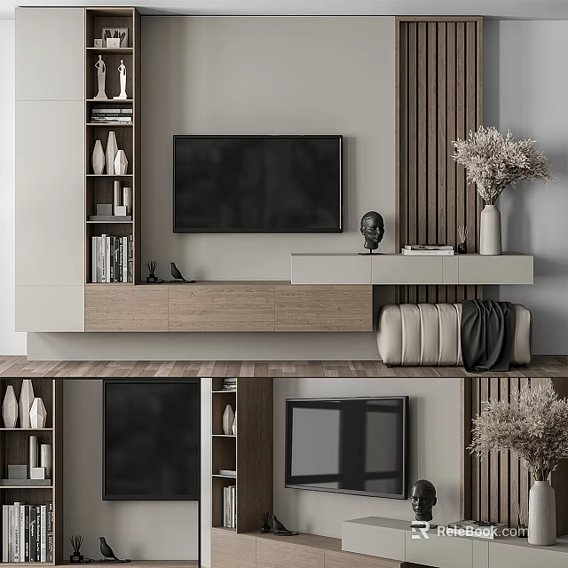 Modern Minimalist TV Background Wall With Wooden Stripes White Storage Cabinets And Decorative Vase Sculpture 3d model 