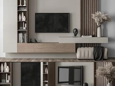 Modern Minimalist TV Background Wall With Wooden Stripes White Storage Cabinets And Decorative Vase Sculpture 3d model