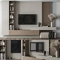 Modern Minimalist TV Background Wall With Wooden Stripes White Storage Cabinets And Decorative Vase Sculpture