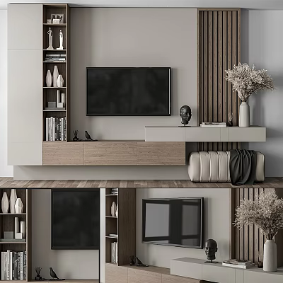 Modern Minimalist TV Background Wall With Wooden Stripes White Storage Cabinets And Decorative Vase Sculpture 3d model