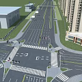Urban Road Infrastructure Featuring Intersection Pedestrian Crossings Multiple Lanes And Surrounding Buildings