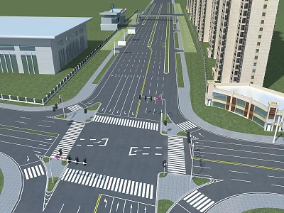 Urban Road Infrastructure Featuring Intersection Pedestrian Crossings Multiple Lanes And Surrounding Buildings 3d model