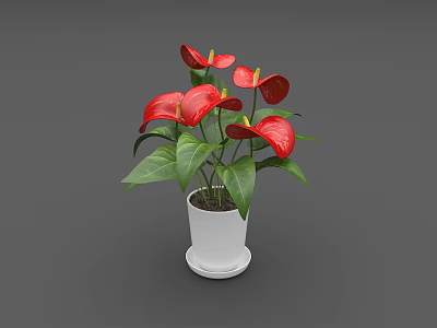 Decorative Potted Plant with Red Flowers and Green Leaves in White Pot 3d model