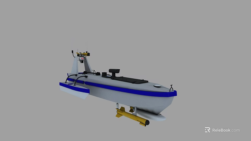 Model Boat With Blue White Hull And Yellow Equipment Components 3d model