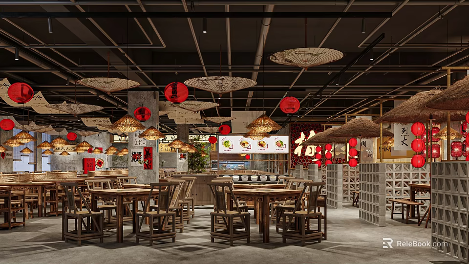 Rustic Chinese Style Hot Pot Restaurant Interior With Traditional Red Lantern Decor And Wooden Furniture 3d model 