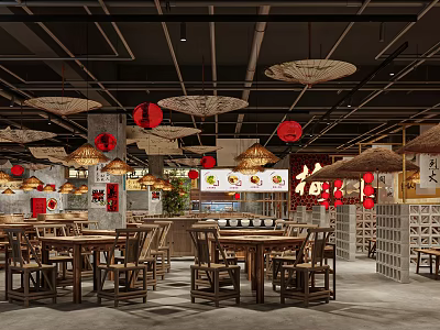 Rustic Chinese Style Hot Pot Restaurant Interior With Traditional Red Lantern Decor And Wooden Furniture 3d model