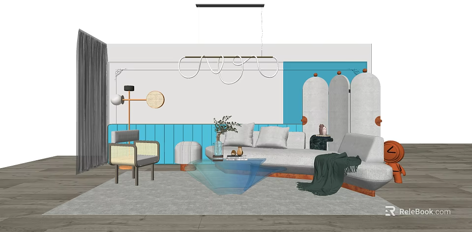 Modern Sofa And Coffee Table Set With White Upholstery Green Plants And Hanging Lights 3d model 