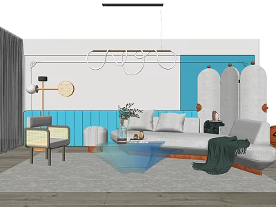 Modern Sofa And Coffee Table Set With White Upholstery Green Plants And Hanging Lights 3d model