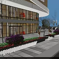 Modern Commercial Building Exterior With Glass Curtain Walls Canopy Outdoor Plaza And Decorative Installations