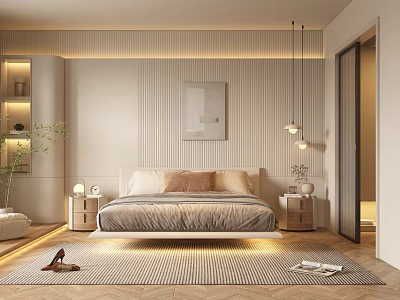 Modern Minimalist Bedroom Interior Design With Platform Bed Paneled Walls Pendant Lights And Area Rug 3d model