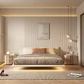 Modern Minimalist Bedroom Interior Design With Platform Bed Paneled Walls Pendant Lights And Area Rug