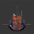 Traditional Blue Red Wooden Fishing Boat With Cabin Masts Ropes Lifebuoys On Deck