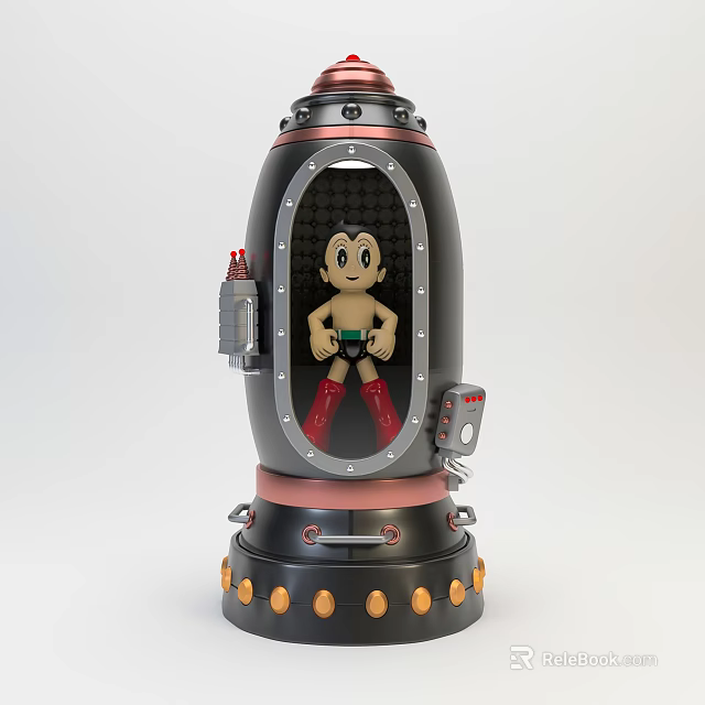 Astro Boy Doll Inside Black Capsule With Red Boots Green Shorts And Transparent Window 3d model 