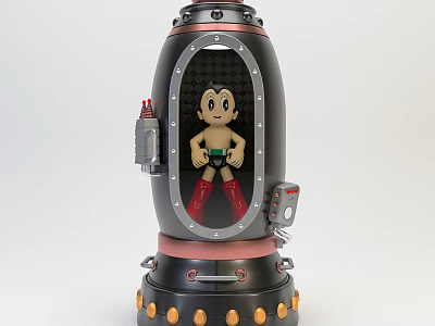 Astro Boy Doll Inside Black Capsule With Red Boots Green Shorts And Transparent Window 3d model