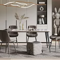Modern Dining Table Set With Chairs Stool Pendant Light And Decorative Bookshelves 3d model