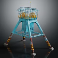 Blue Industrial Tower With Metal Frame Platform Yellow Wheels And Black Yellow Striped Legs