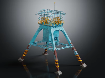 Blue Industrial Tower With Metal Frame Platform Yellow Wheels And Black Yellow Striped Legs 3d model