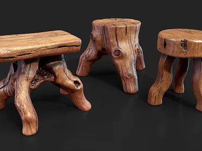 Set of Three Natural Wooden Stools with Tree Stump Design and Curved Legs 3d model