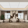 Modern Hotel Public Lounge Area With White Sofas Brown Carpet And Wall Decor