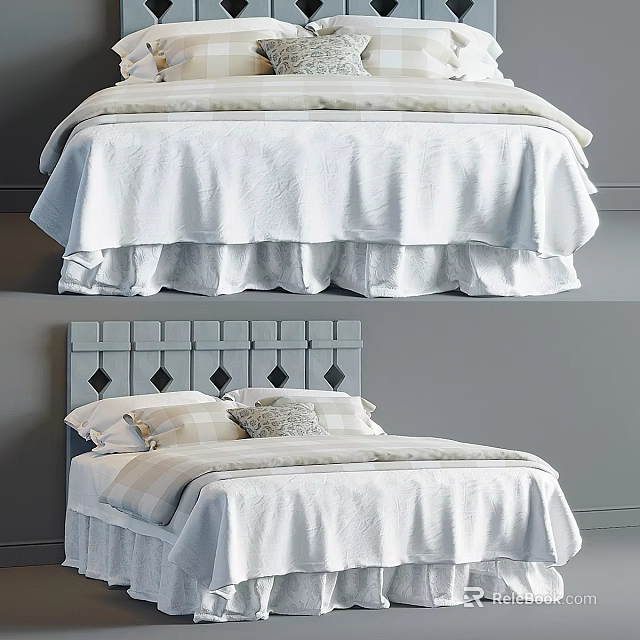 Double Bed with White Bedding Grey Headboard Diamond Pattern and Decorative Pillows in Modern Bedroom Interior 3d model 