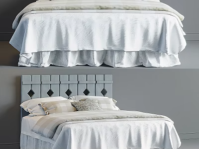Double Bed with White Bedding Grey Headboard Diamond Pattern and Decorative Pillows in Modern Bedroom Interior 3d model