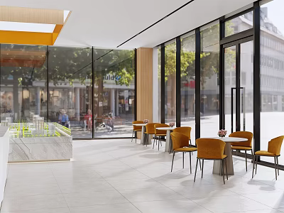 Modern Sales Office With Open Space Large Windows Orange Chairs Marble Reception And Street View 3d model