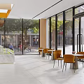 Modern Sales Office With Open Space Large Windows Orange Chairs Marble Reception And Street View