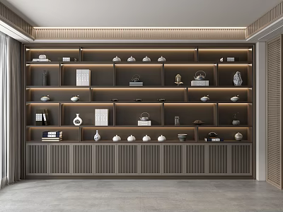 Modern Wooden Display Cabinet with Shelves Teapots Books and Decorative Items 3d model