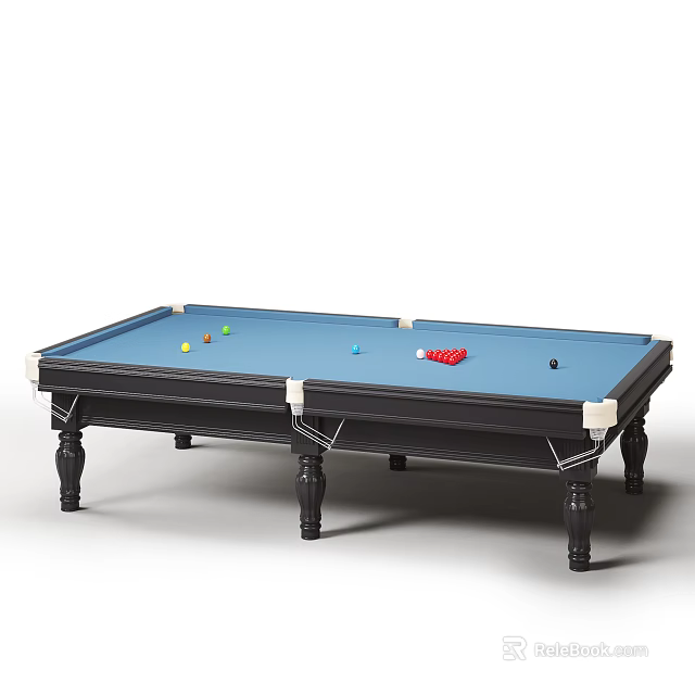 Blue Felt Billiard Table With Black Frame Legs And Colored Balls Triangle Rack 3d model 
