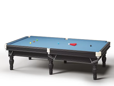 Blue Felt Billiard Table With Black Frame Legs And Colored Balls Triangle Rack 3d model