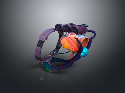 Purple And Orange Mechanical Character With Head Like Structure And Blue Glowing Orb 3d model