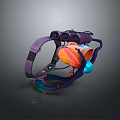Purple And Orange Mechanical Character With Head Like Structure And Blue Glowing Orb